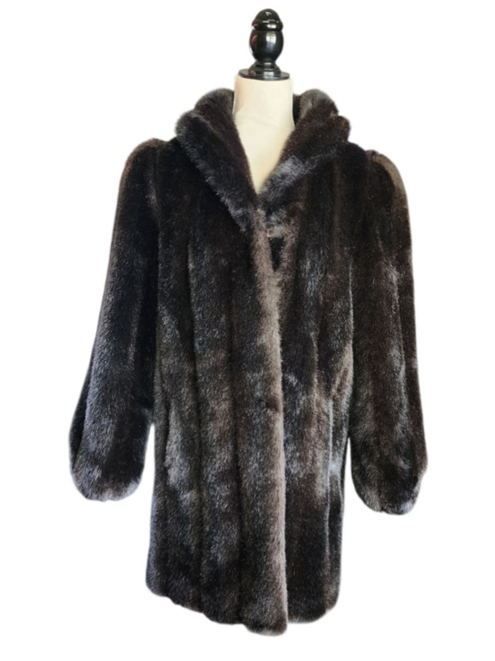 Vintage Jordache Faux Fur Coat 80s Vegan Mink Brown Shawl Collar Women's S 7/8